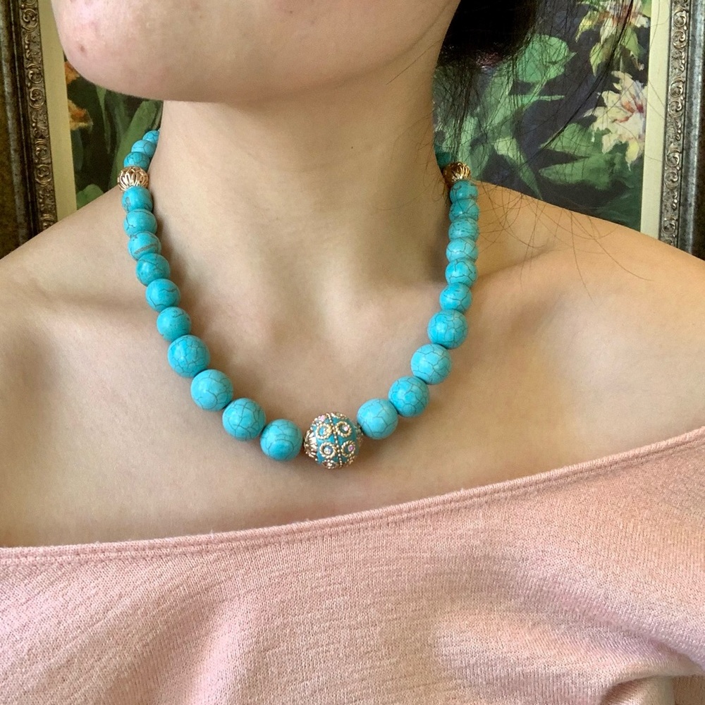 Chunky Statement Turquoise Necklace Gold Accents